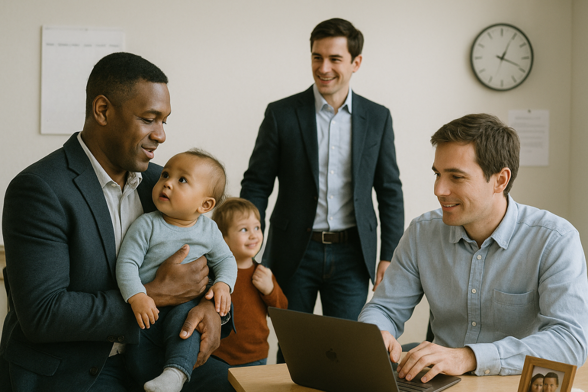 Men with young kids in office