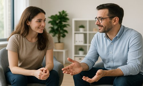 Man sat down talking to woman
