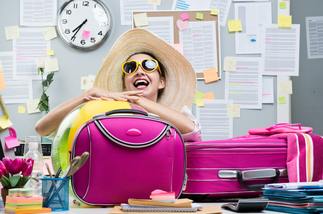 Woman packed for holiday in the office